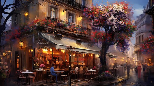 A painting of a cafe with a tree in the middle