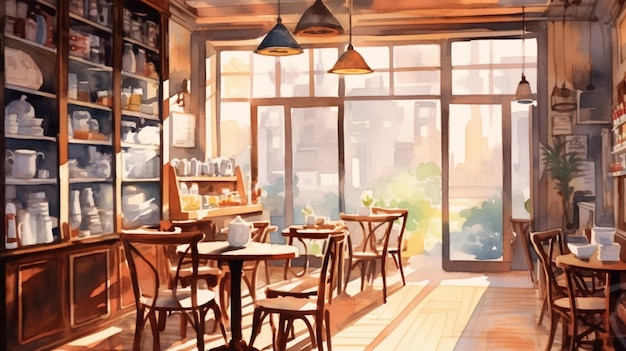 A painting of a cafe with a view of the outside