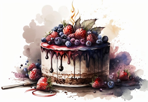 A painting of a cake with berries on it