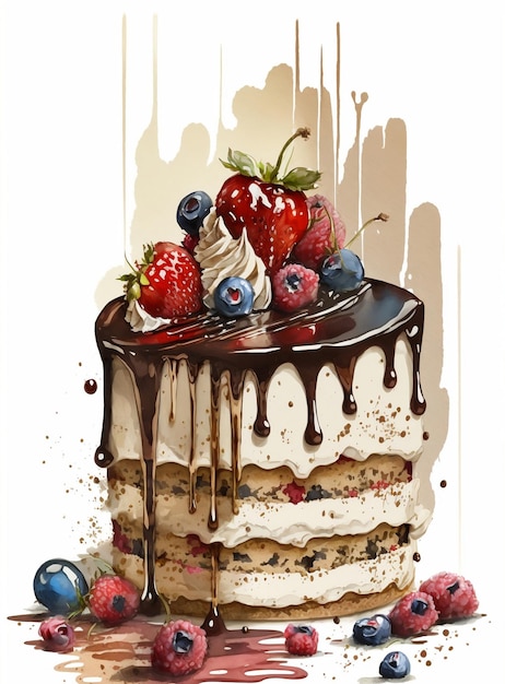 A painting of a cake with berries on it