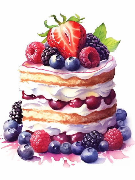 A painting of a cake with berries on it