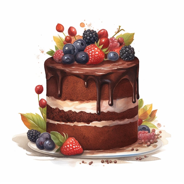 A painting of a cake with berries on it