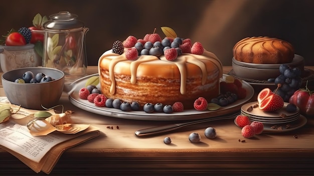 Photo a painting of a cake with a blueberry sauce and a cup of tea.