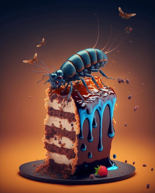 A painting of a cake with a bug on it