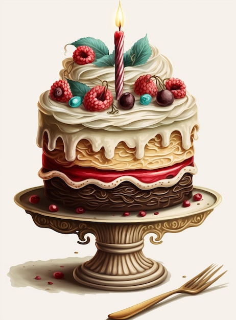 A painting of a cake with a candle and berries on it.