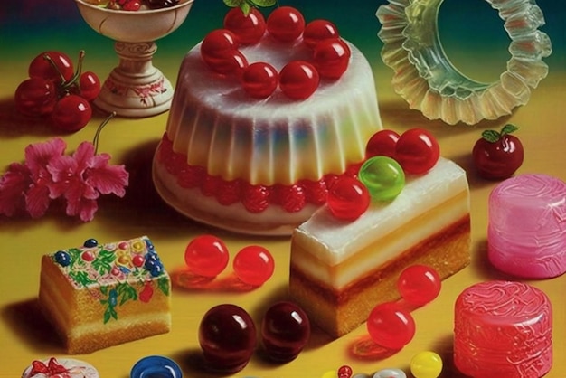 Painting of a cake with cherries and generative ai