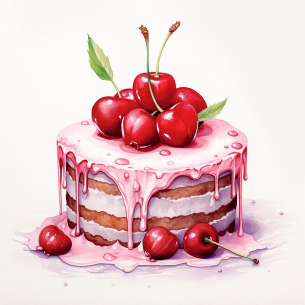 painting of a cake with cherries on top of it generative ai