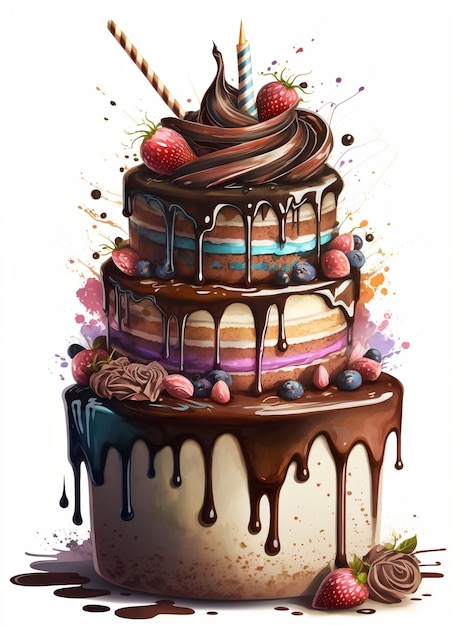 A painting of a cake with chocolate and blueberries on it