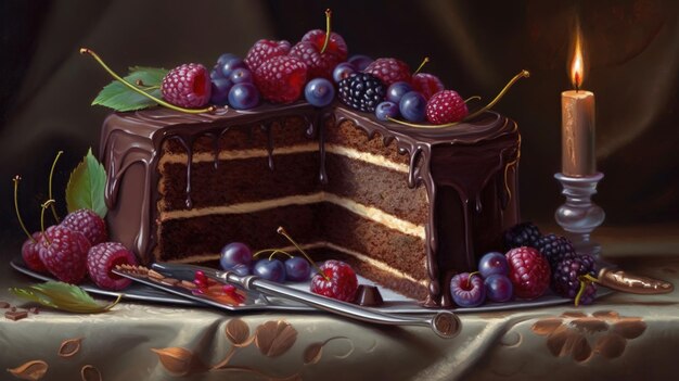 A painting of a cake with chocolate frosting and berries on it.