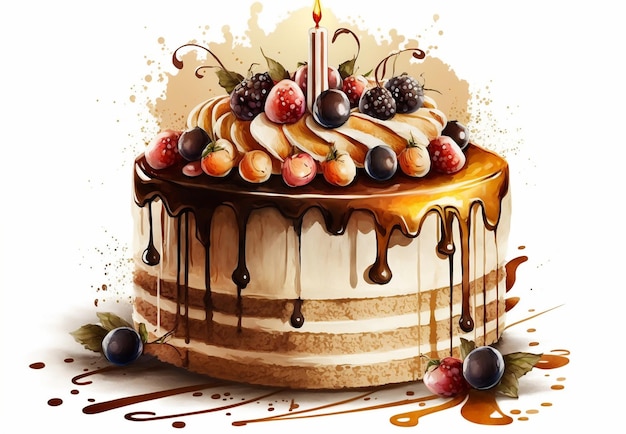 A painting of a cake with fruit on it