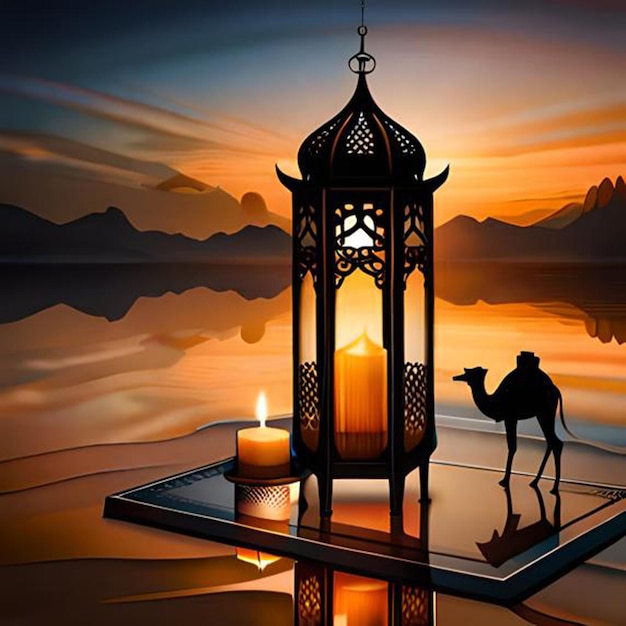 A painting of a camel and a candle with a sunset in the background.