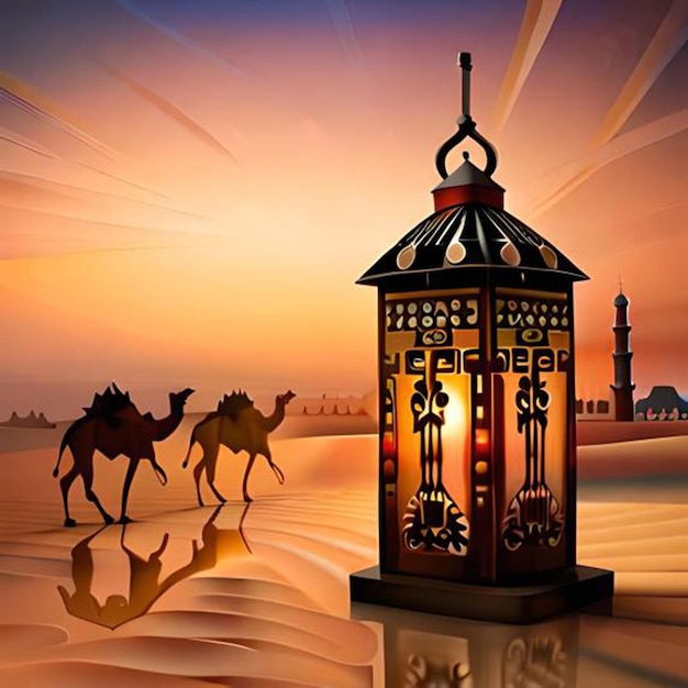 A painting of a camel and a lamp in the desert.