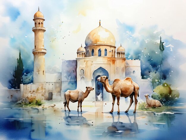 a painting of camels and a building with a blue sky and a building in the background Eid ul Adha