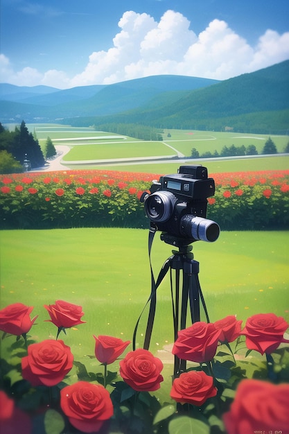 A painting of a camera in a field of red roses.