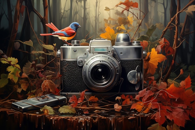 A painting of a camera surrounded by a forest and birds