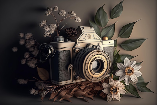 A painting of a camera with flowers and leaves on it