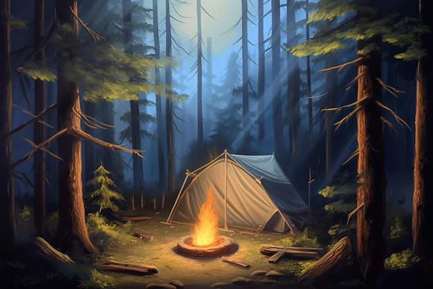 A painting of a campfire in a forest with the sun shining through the trees.