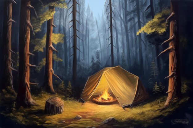 A painting of a campfire in a forest.