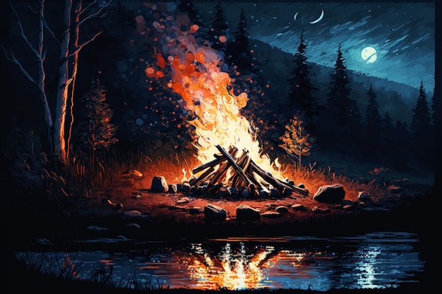 A painting of a campfire with the moon in the background.