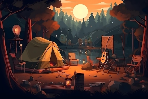 A painting of a camping area with a tent and a fireman on the background.