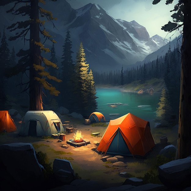 A painting of a campsite with a mountain in the background.
