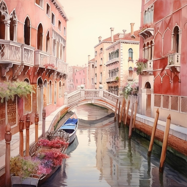 Painting of a canal with a boat and a bridge in the background generative ai