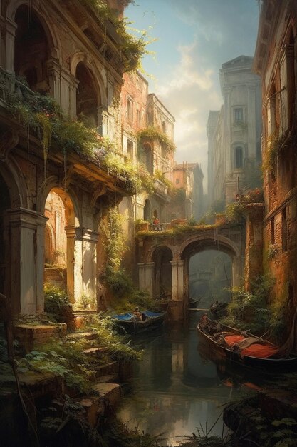 A painting of a canal with a boat in it.