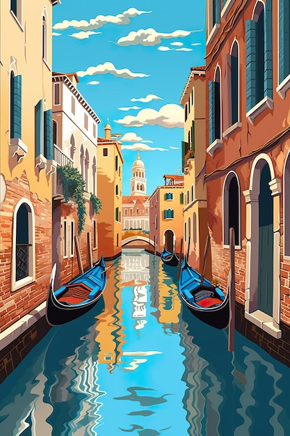 A painting of a canal with boats in it generative ai image