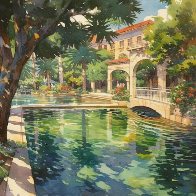 Painting of a canal with a bridge and a building in the background generative ai