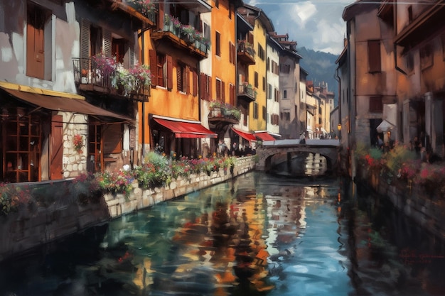 painting of a canal with buildings and flowers on the side generative ai