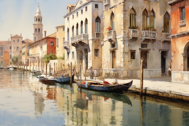 A painting of a canal with a gondola on it.