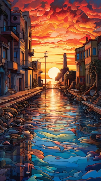 A painting of a canal with a sunset in the background.