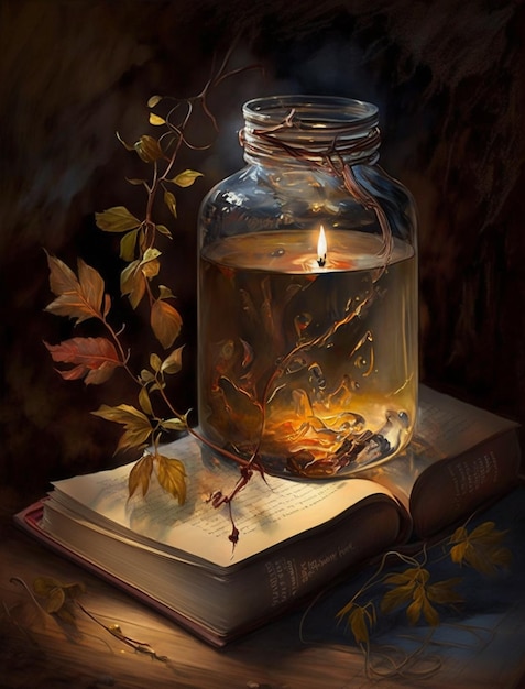 A painting of a candle and a book on a table.