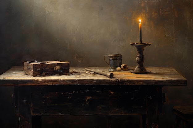 Картина со свечой и коробкой на столе.