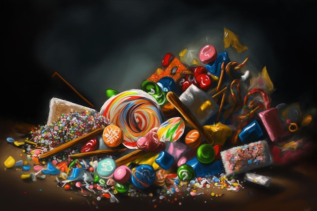 A painting of candy and a bag of candy.