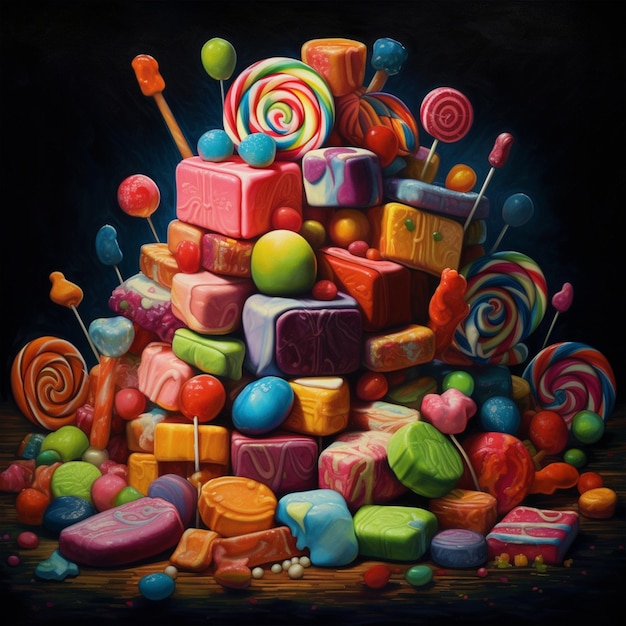 A painting of candy and a stack of candy.