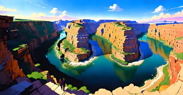 A painting of a canyon with a blue sky and a couple walking by it.