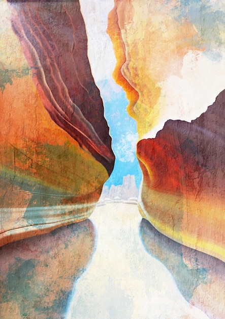 A painting of a canyon with a blue sky and a river in the background