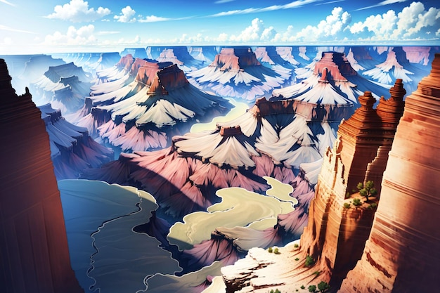 A painting of a canyon with a mountain range in the background.