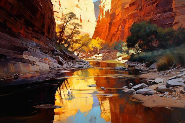 A painting of a canyon with a river in the foreground.