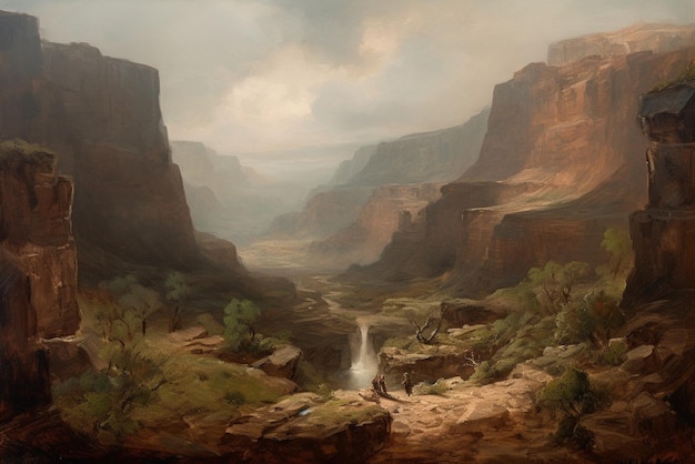 A painting of a canyon with a waterfall in the foreground.