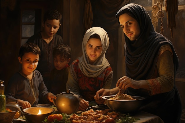 A painting capturing the warm and joyful moment of a family sharing a meal together Middle Eastern woman serving food for dinner to her family AI Generated