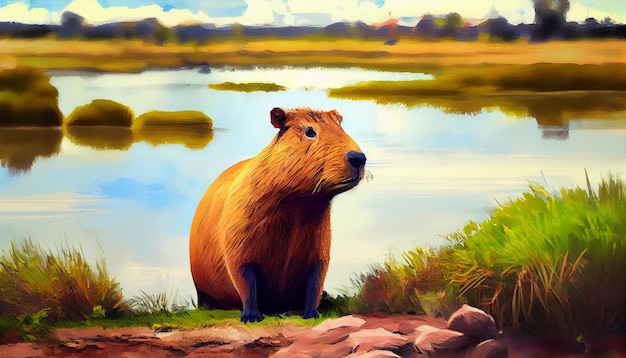 A painting of a capybara by the water