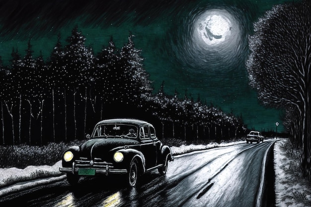 A painting of a car driving down a snowy road with the moon in the background.