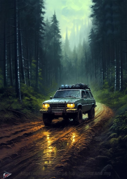 A painting of a car driving through a forest with the lights on.