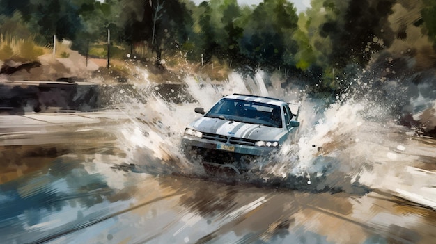 A painting of a car driving through a puddle of water