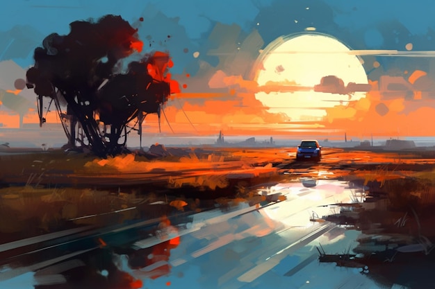 A painting of a car in front of a sunset