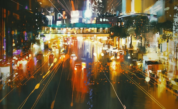 painting of car headlights and taillights on a city street at night