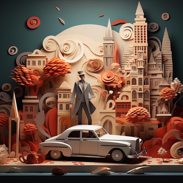 a painting of a car and a man in a suit