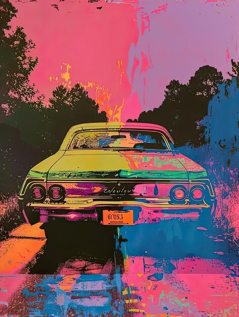 A painting of a car parked on the side of the road